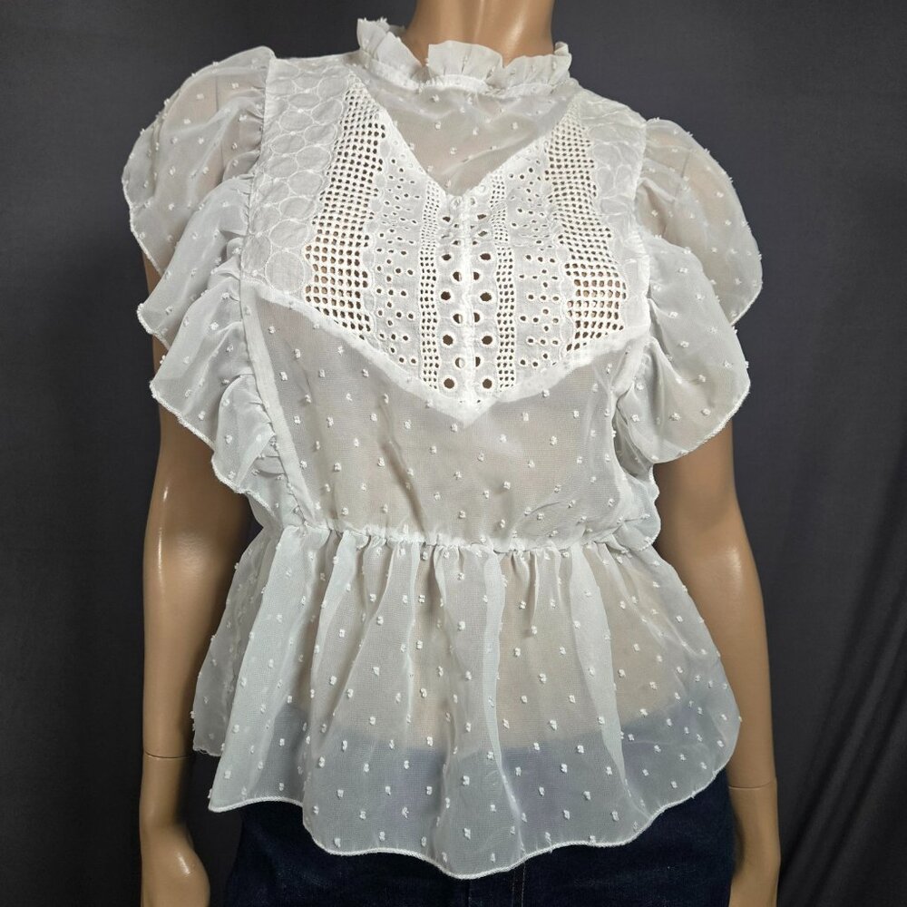 Vintage 90s Y2K White Ruffled Eyelet Swiss Dot Blouse Size M Boho semi Sheer